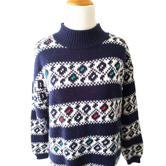 Vintage 80s Mock Neck Slouchy Sweater Cozy Navy Geometric Striped Medium - Picture 1 of 9